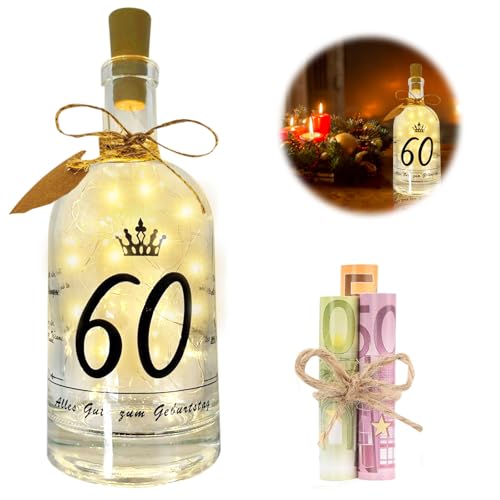 HuaMuDM 60. Geburtstag LED Flaschenlicht für Frau und Mann - Geldgeschenk Deko, Leuchtflasche, Transparent von HuaMuDM
