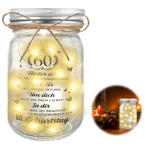 HuaMuDM 60 Jahre LED Flaschenlicht, Flaschenleuchte als Geschenk für den Geburtstag, transparente Leuchtflasche, 60 Jahre Deko Flaschenlicht von HuaMuDM