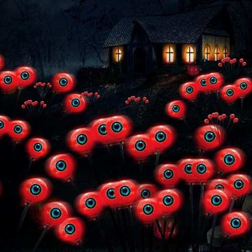 HuaMuDM Halloween Augapfel Gartenlichter, 2 Stück 16 LED Halloween Deko Solarlampen, LED Augapfel Gartenlichter Lichter, IP65 Wasserdicht Deko Lichterkette für Außen Garten von HuaMuDM