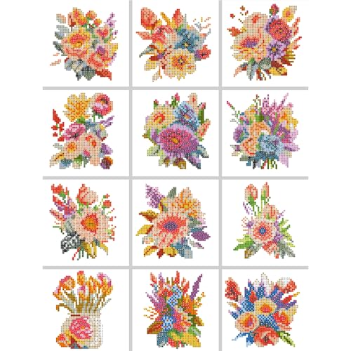 Huacan Mini-Diamant-Malerei-Set, 12 Stück, vorgedruckte Blumen, halber Bohrer, rund, Diamantkunst-Set für Erwachsene, Heimdekoration, Wanddekoration von Huacan
