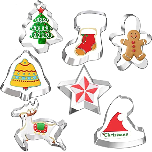 Huahuanghui 7 Stück Weihnachten Ausstechformen Set, Edelstahl Plätzchenausstecher, Weihnachtsbäume, Weihnachtsmann, Schneeflocken, Elche von Huahuanghui