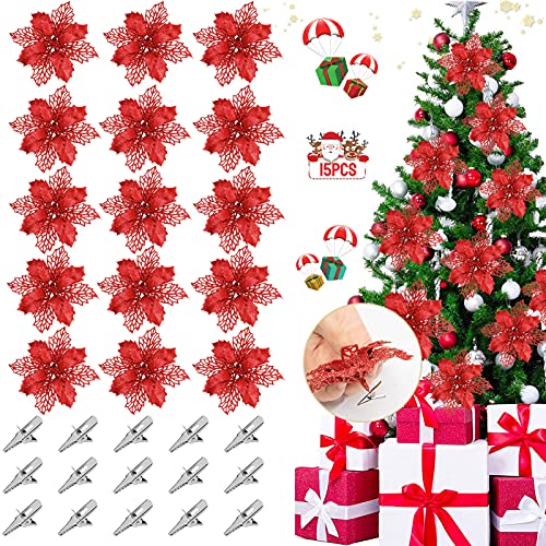Huahuanghui Weihnachtsbaum Dekoration Blumen,15 Stück Blume für Weihnachtsschmuck mit Clips,Baumschmuck Künstliche, Weihnachtsblumen,Weihnachtsgirlande Weihnachtsbaum Deko von Huahuanghui