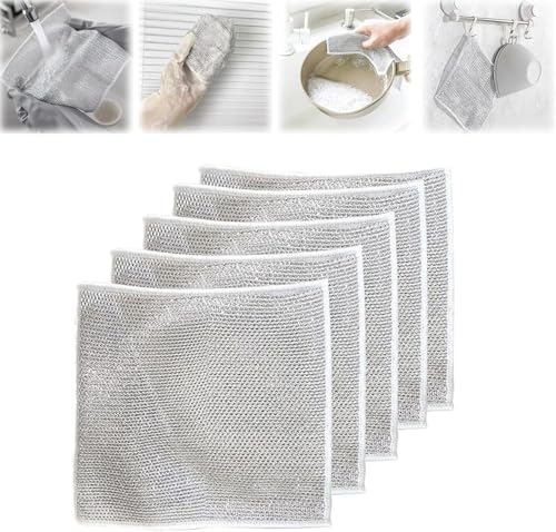 2024 Doppelter Edelstahl-Schrubber – Wunder-Reinigungstuch, 2-in-1 Doppel-Edelstahl-Schrubber, Mehrzweck-Draht-Geschirrtücher für Nass und Trocken (5 Stück) von Hualabo