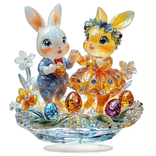 Huamengyuan Ostern buntes Kaninchen 2D flaches Acryl-Desktop-Ornament Buntes Osterhasen-Ornament, 2D-Acryl-Tischdekor, fröhlicher Festival-Akzent für die Osterparty von Huamengyuan