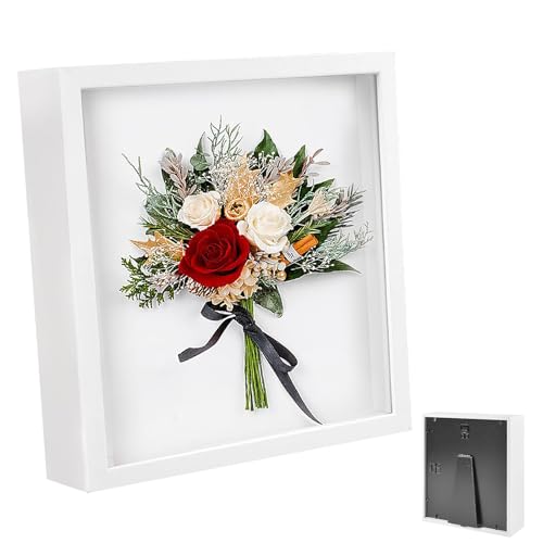3D Bilderrahmen zum Befüllen, Bilderrahmen Tief 3 cm, Tiefer Bilderrahmen zum Befüllen 20 x 20 cm, mit Transparente Acrylplatte, Tiefer Rahmen Hölzern, 3D Rahmen für Objekte, Hochzeitsstrauß, Weiß von Huamirra