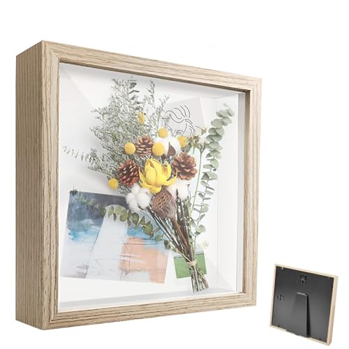 Bilderrahmen zum Befüllen, Tiefer Bilderrahmen zum Befüllen 20 x 20 cm, mit Transparente Acrylplatte, 3D Objektrahmen Tiefer 3cm, Dicker Bilderrahmen, für Blumen, Hochzeitsgeschenk, Holzfarbe von Huamirra
