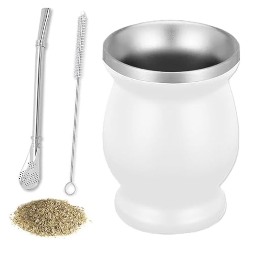 Huamirra Mate Becher, Mate Teebecher, Edelstahl Companion Tee Set, Mate Tee Set mit Strohhalmlöffel und Reinigungsbürste, Companion Kürbis Set für Kaffee, Milch, Holzmaserung Farbe, 8 Unzen, Weiß von Huamirra