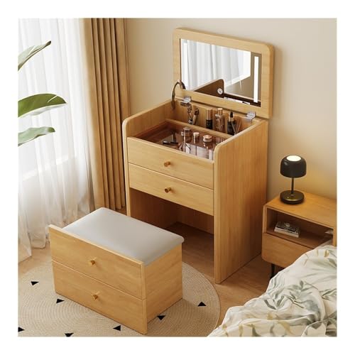 Huangj-0527 Schminktisch Schminktisch mit Klappspiegel, Schminktisch mit gepolstertem Hocker, kompakter Schminktisch, Schminkset for das Schlafzimmer Kosmetiktisch(Natural) von Huangj-0527