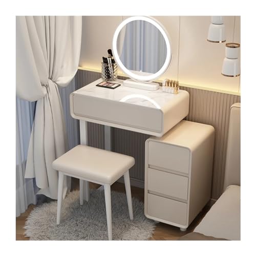 Schminktisch Schminktisch mit hellem Spiegel, 4 Schubladen, moderner Schminktisch for Mädchen und Frauen mit Aufbewahrungsschrank, Schminkset for Schlafzimmer, Grau/Weiß Kosmetiktisch(Weiß) von Huangj-0527