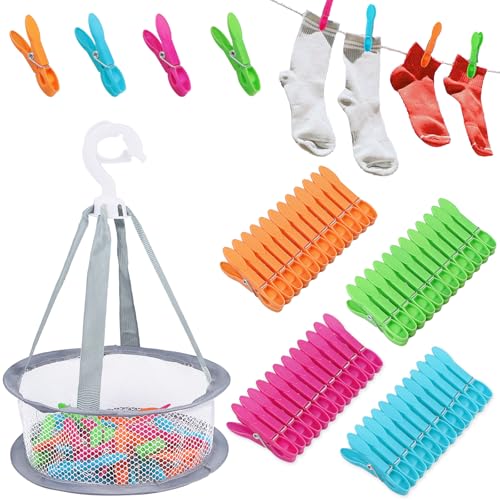 48 Stück WäScheklammern with Wäscheklammern Korb, Wäscheklammern mit Korb, Wäs-cheklammern Ohne Abdruck, Camping Wäs-cheklammern, Windfeste Kunststoff-Wäscheklammer für Wäscheleinen und Kleiderbügel von Huanmin