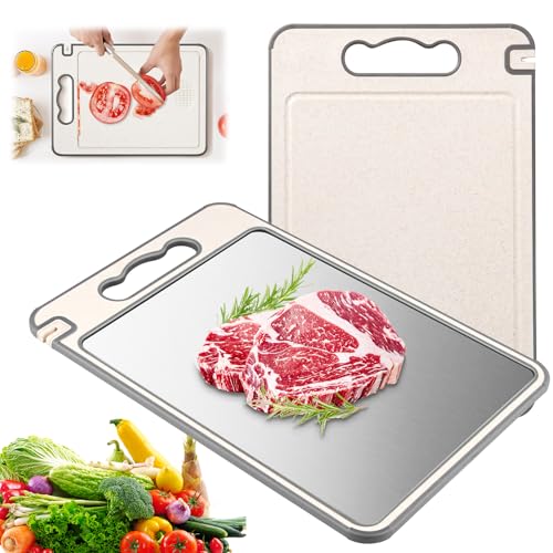 Schneidebrett, doppelseitiges Schneidebrett, Lebensmittelechtem 304-Edelstahl & Weizenstroh Bretter Set küche 36.5 * 24.5cm Schneidebretter Edelstahl, Rutschfest, Kratzfestes für Fleisch, Gemüse von Huanmin