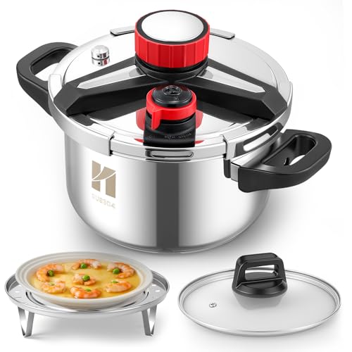 Huanyu 3-in-1-Schnellkochtopf 5 Liter Edelstahl-Schnellkochtopf mit Dampfgarerplatte und Glasdeckel Explosionsgeschützter Schnellkochtopf Für alle Herdarten geeignet (5 L) von Huanyu