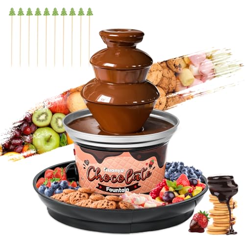 Huanyu Huanyu 3-Tier Mini Schokoladenbrunnen Maschine 10 Bambus-Spieße abnehmbare Tablett 450g Schokolade Fondue-Brunnen für Party Geburtstag Hochzeit Schokolade Nacho Käse BBQ-Sauce Liköre (Schwarz) von Huanyu