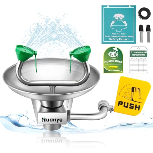 Huanyu Augenspülstation Wandmontierte Notfall-Augenwaschstation Augenwasch-Fausthilfe Hands-Free Operation Gesichtswaschen Augenwasch-Kid mit Schild für Fabrik Labor Baustelle(1301-1) von Huanyu