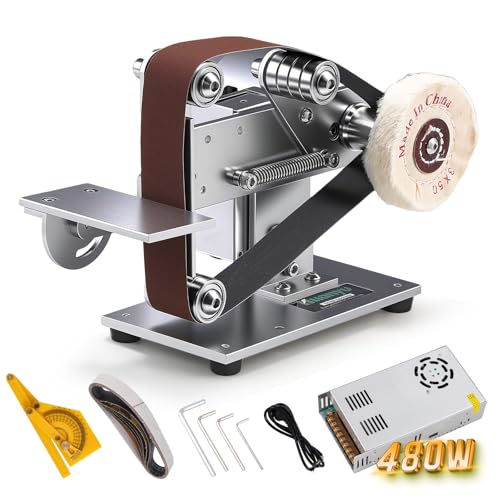 Huanyu Elektrische Bandschleifer 480W Mini Bandschleifer mit Schleifscheibe winkelverstellbar Desktop Schleifmaschine mit 10pcs Schleifbänder für DIY Holzbearbeitung Metall Polieren Messer Schärfen von Huanyu