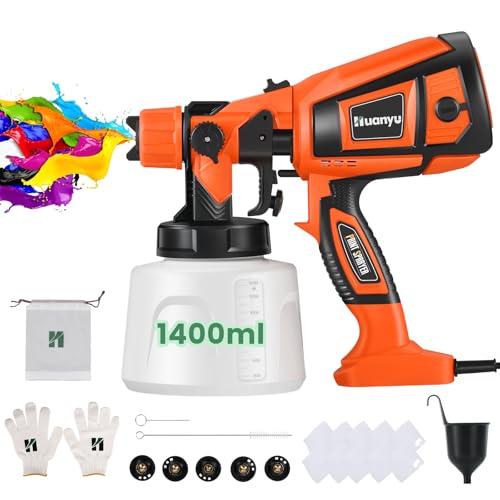 Huanyu Elektrische Farbspritzpistole 850W Elektrische Farbspritzpistole mit 1400ml Behälter Leistungsstarke Spritzpistole mit 5 Düsen Verstellbare Farbspritzpistole (Orange) von Huanyu