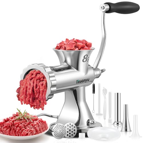 Huanyu Fleischwolf Manuell Edelstahl Wurstfüller Drehwolf Hand Wurstfüllmaschine für Schweinefleisch, Rindfleisch, Fisch, Pfeffer, Pilze, lange Bohnen (Gr. 8 mit 2 Füllrohre) von Huanyu