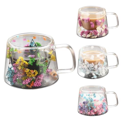 Huasean Doppelwandige Glasbecher Mit Getrockneten Blumen – 250 Ml Doppelwandige Glaskaffeetasse Mit Getrockneten Blumen | Isolierte Hitzebeständige Kaffeetassen Mit Griff | Kreative Klarglasbecher von Huasean