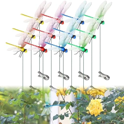 Huasean 12 Stück Libellenklammern, Simulation Libellenklammern, Libellen-, Gartenlibellen-Insektenabwehr, Clip Auf Libellenanhänger, Libellen Auf Einem Stock, Gartenornamente von Huasean