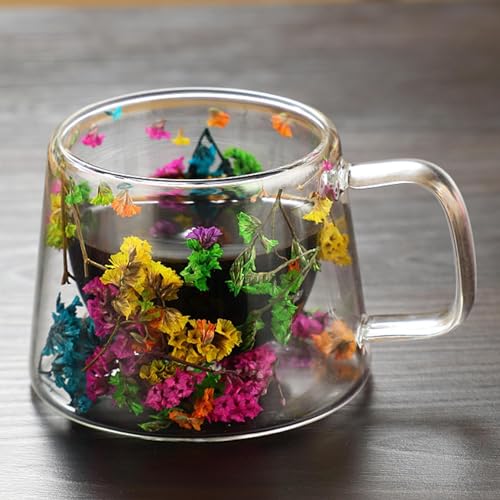 Huasean Doppelwandige Glasbecher Mit Getrockneten Blumen – 250 Ml Doppelwandige Glaskaffeetasse Mit Getrockneten Blumen | Isolierte Hitzebeständige Kaffeetassen Mit Griff | Kreative Klarglasbecher von Huasean