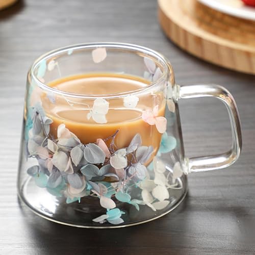 Huasean Doppelwandige Glasbecher Mit Getrockneten Blumen – 250 Ml Doppelwandige Glaskaffeetasse Mit Getrockneten Blumen | Isolierte Hitzebeständige Kaffeetassen Mit Griff | Kreative Klarglasbecher von Huasean