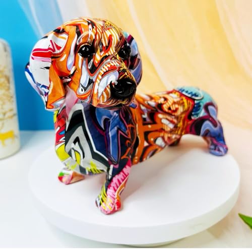 Hundefigur - Graffiti Dackel Hundeskulptur Tierstatuen - Kreative gemalte einfache Graffiti-Hundeverzierung, Kunstfiguren, Heimdekoration für Wohnzimmer, Schlafzimmer, Bücherregal Huasean von Huasean
