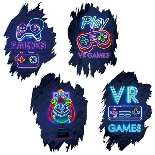 4 Stück Gaming Zimmer 3D Deko Bilder | Poster Wand für Gamer Jugendzimmer | Set mit Neon Sign Motive | Zocker Bilder Wand | Neon Wandbild | Videospiel Wandstikcer für Jugendzimmer Deko von Huaxintoys