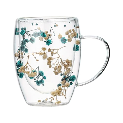 Huayeex 350ml Blumen Doppelschicht Glasbecher, Getrocknete Blumen Glas Teetasse, Hitzebeständiger Doppelwandiger Glasbecher Mit Griff, Isolierter Blumenbecher Kaffeetasse Für Kalte Und Heiße Getränke von Huayeex