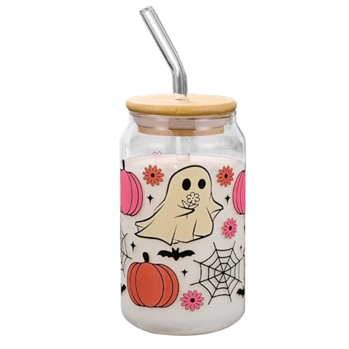 Huayeex Halloween Becher Mit Deckeln Und Strohhalmen | Kürbis Glas Trinkbecher | 400ml Eiskaffee Tumbler Becher Mit Deckeln - für Eiskaffee und Halloween von Huayeex