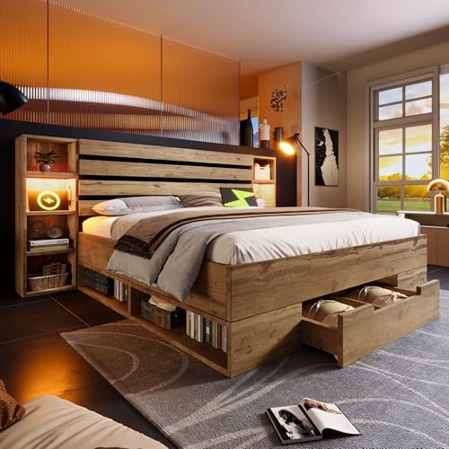 Doppelbett Massivholzbett 160×200, Stauraumbett Bettanlage mit LED-Beleuchtung und USB C Stauraum-Kopfteil und Schubladen, Bettgestell Lattenrost aus Holz, Eiche,Ohne Matratze (160×200cm) von Huayz