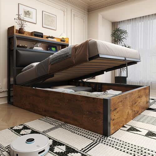 Einzelbett 90x200cm,Hydraulikbett mit Hubmechanismus,mit USB Ladefunktion und gepolstertem Kopfteil mit Stauraum,Stauraumbett Funktionsbetten,Retro Holz und Metalldesign (Schwarz, 90×200cm) von Huayz