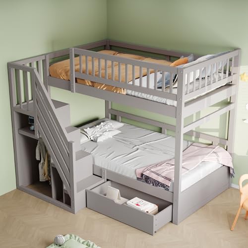 Huayz Kinderbett 90x200 cm, Etagenbett mit Treppe und Regale, Funktionsbett mit Kleiderstange, Stockbett Jugendbett Stauraumbett mit Schublade,ohne Matratze von Huayz