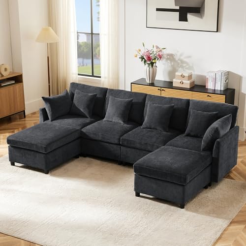 Huayz Chenille-Stoffsofa,Viersitzer-Sofa, L-förmiges Ecksofa mit Fußhocker,abnehmbarem Fußhocker, mit Schlaffunktion Ecksofa,geeignet für Zuhause, Wohnzimmer, Wohnung usw. (Grau - Viersitzer-Sofa) von Huayz