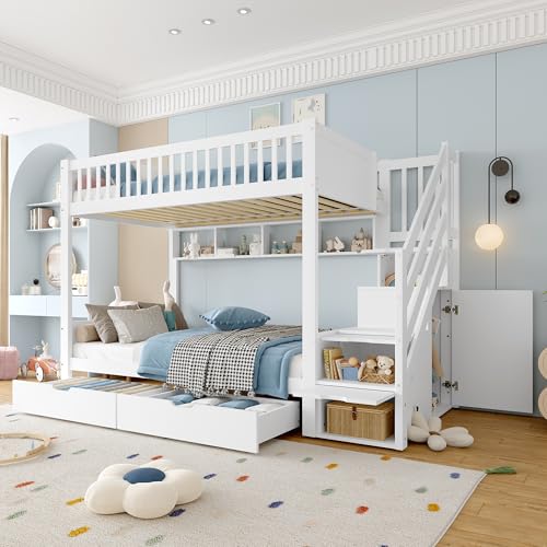 Huayz Etagenbett 2 Kinder 90x200 cm mit Treppe, Kinderbett Hochbett Mit & Schließfächern & Rausfallschutz,mit Schublade und Regal,Betten für Jungen und Mädchen,Ohne Matratze (Weiß - Mit 2 Schubladen) Huayz Etagenbett 2 Kinder 90x200 cm mit Treppe, Kinderbett Hochbett Mit & Schließfächern & Rausfallschutz,mit Schublade und Regal,Betten für Jungen und Mädchen,Ohne Matratze (Weiß - Mit 2 Schubladen) von Huayz