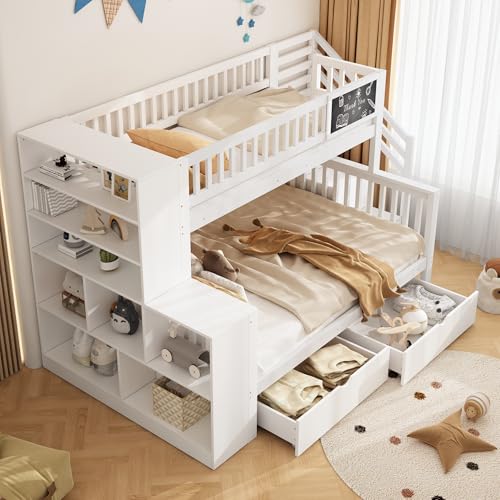 Huayz Etagenbett für 3 Kinder 90x200cm+140x200cm,mit Treppe und 2 Schubladen,Aufbewahrungsschranken,Graffiti-Brett,Funktionsbett Stockbett Jugendbett,Weiß+Natur,ohne Matratze Huayz Etagenbett für 3 Kinder 90x200cm+140x200cm,mit Treppe und 2 Schubladen,Aufbewahrungsschranken,Graffiti-Brett,Funktionsbett Stockbett Jugendbett,Weiß+Natur,ohne Matratze von Huayz