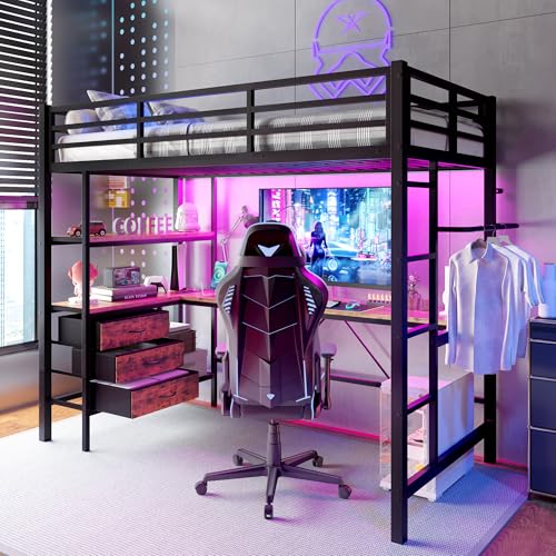 Huayz Hochbett 90x200 cm, Kinderbett mit Schreibtisch und LED, Jugendbett mit 3 Schubladen, Metallbett mit Steckdose+USB, Einzelbett für Kinder Jugendliche Schlafzimmer,Ohne Matratze Huayz Hochbett 90x200 cm, Kinderbett mit Schreibtisch und LED, Jugendbett mit 3 Schubladen, Metallbett mit Steckdose+USB, Einzelbett für Kinder Jugendliche Schlafzimmer,Ohne Matratze von Huayz