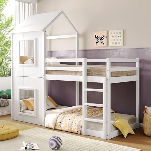 Huayz Hochbett Kinderbett 90 X 200, Etagenbett Stockbett für 2 Kinder mit Rausfallschutz und Lattenrost, Massivholz Kinderbett, Jugendbett, Doppelbett Hausbett (Weiß) von Huayz