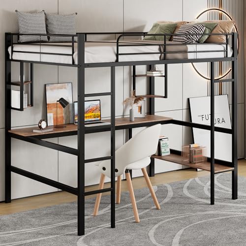 Huayz Hochbett Metall 90x200 cm, für Kinder, Jugendliche und Erwachsene, Metallbett Etagenbett mit Schreibtisch und Regal (Schwarz-1, 90×200cm) von Huayz