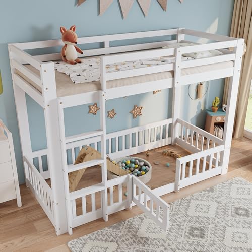 Huayz Kinderbett 90x200 cm,Etagenbett für 2 Kinder,Hochbett mit Rausfallschutz und Tür,Holzbett,Einzelbett,Stockbett für Jungen und Mädchen,Kiefer+Massivholz,ohne Matratze (Weiß) von Huayz