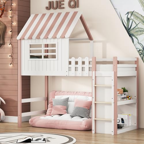 Huayz Kinderbett 90x200 cm hoch und niedrig Bett für Jungen und Mädchen Heimbett Dachform mit Sicherheitsleiter mit Ablagefach Multifunktionsbett Massivholzbett mit Lattenrost (Rosa) von Huayz