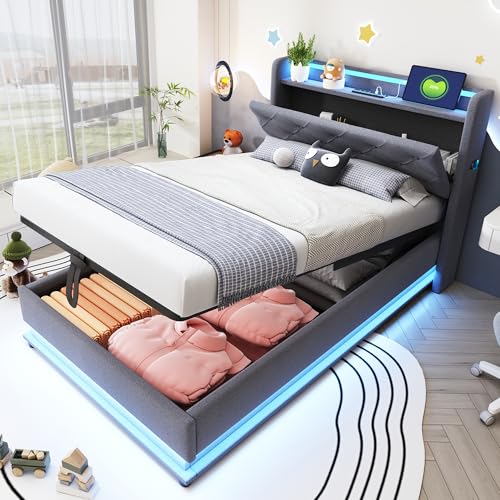 Huayz Kinderbett Einzelbett Polsterbett 90x200 mit LED-Licht & USB-Buchse, Bett Hydraulisch Stauraumbett mit Stauraum Kopfteil, Jugendbett Bettgestell mit Lattenrost, ohne Matratze, Leinen von Huayz