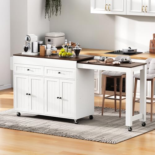 Huayz Kücheninsel auf Rollen mit Schublade, Türen & ausziehbarer Arbeitsplatte – Mobiler Küchenwagen mit Stauraum, Gewürzregal & Flexibler Nutzung für Küche und Esszimmer (Weiß - A) von Huayz