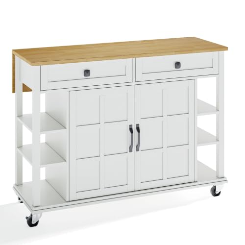 Kücheninsel Küchenschrank mit arbeitsplatte mit Klappbarer Tischplatte, 120x46(70) x91 cm, mit Rollen und austauschbaren Holzbeinen, Kitchen Island Freistehend, für Küche und Esszimmer (Weiß - A) von Huayz