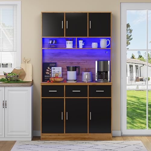 Huayz Küchenoberkante,Multifunktionales Buffetschrank mit LED-Beleuchtung mit 3 Schubladen, verstellbare Regale MDF, Aufbewahrungsschrank,100x40x180cm (Natur+Schwarz) von Huayz
