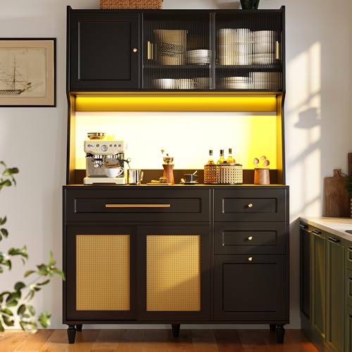 Huayz Küchenschrank mit Arbeitsplatte, Hochschrank Buffetschrank, Sideboard mit LED-Beleuchtung, mit 3 Schubladen, Verstellbaren Ablagen, PE-Rattan, Glas Türen, schwarz,120x45x195,5cm von Huayz