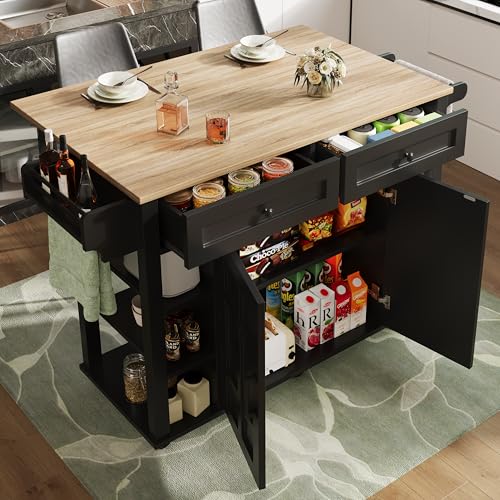 Huayz Küchenwagen, Kücheninsel, Servierwagen mit Holzmaserung Arbeitsplatte klappbar, Küchenschrank, Buffetschrank mit Schublade, Esswagen Anrichte mit Rollen und Türen, 147x40-65x90 cm von Huayz