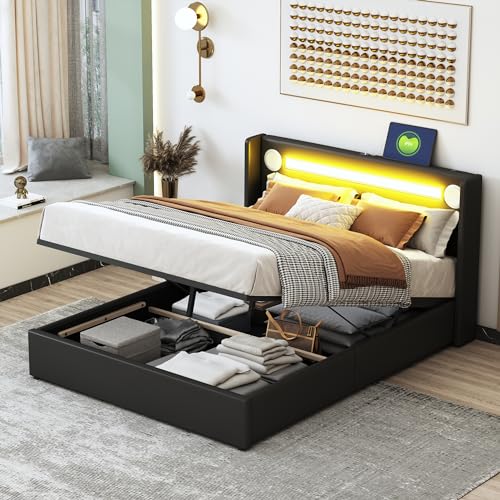 Huayz Polsterbett 140x200cm, Doppelbett,Bett mit LED-Lichtleiste, Bluetooth-Player und USB-Aufladung, Stauraumbett aus PU-Leder, Hochbettkasten, mit Lattenrost Huayz Polsterbett 140x200cm, Doppelbett,Bett mit LED-Lichtleiste, Bluetooth-Player und USB-Aufladung, Stauraumbett aus PU-Leder, Hochbettkasten, mit Lattenrost von Huayz