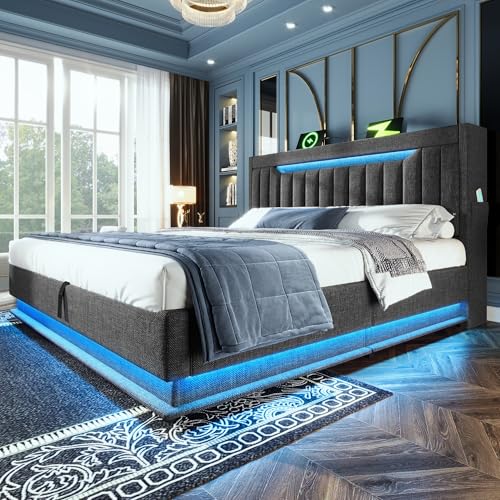 Huayz Polsterbett 160x200cm, LED Doppelbett mit Stauraum und Lattenrost, Kopfteil mit Staufach und USB- und Typ-C Ladefunktion, Hydraulisch Stauraumbett Rückenlehne,Leinenstoff, Mit Matratze Huayz Polsterbett 160x200cm, LED Doppelbett mit Stauraum und Lattenrost, Kopfteil mit Staufach und USB- und Typ-C Ladefunktion, Hydraulisch Stauraumbett Rückenlehne,Leinenstoff, Mit Matratze von Huayz