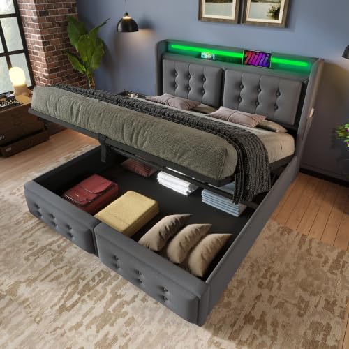 Huayz Polsterbett Doppelbett Bett 140x200 cm mit LED-Kopfteil, Jugendbett mit Stauraum und USB-Typ-C Ladefunktion, Stauraumbett Bettgestell mit Lattenrost aus Holz,Baumwolle, Ohne Matratze Huayz Polsterbett Doppelbett Bett 140x200 cm mit LED-Kopfteil, Jugendbett mit Stauraum und USB-Typ-C Ladefunktion, Stauraumbett Bettgestell mit Lattenrost aus Holz,Baumwolle, Ohne Matratze von Huayz