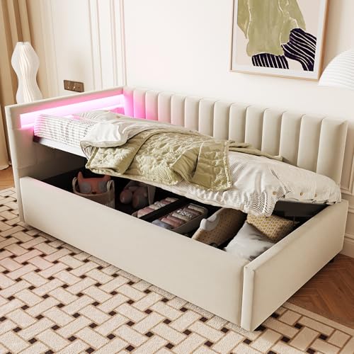 Huayz Schlafsofa 90x200,Polsterbett mit LED-Beleuchtung und hydraulischem Stauraum, klassisches vertikales Streifendesign, seitliche Kopfteile mit austauschbaren Positionen, Lattenrost (Beige) von Huayz